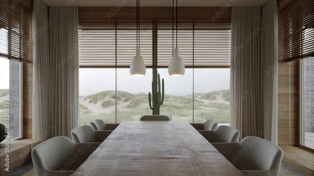 Poster A simple dining room with a large rustic wooden table surrounded by soft fabric chairs. Minimalist pendant lights hang from the ceiling and a stylish cactus centerpiece contrasts