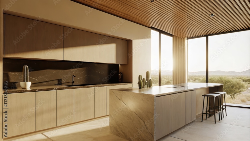 Poster A sleek kitchen with smooth matte cabinets in muted earth tones and a marble island. Sunlight spills in through a large window highlighting a row of minimalist cacti p on the