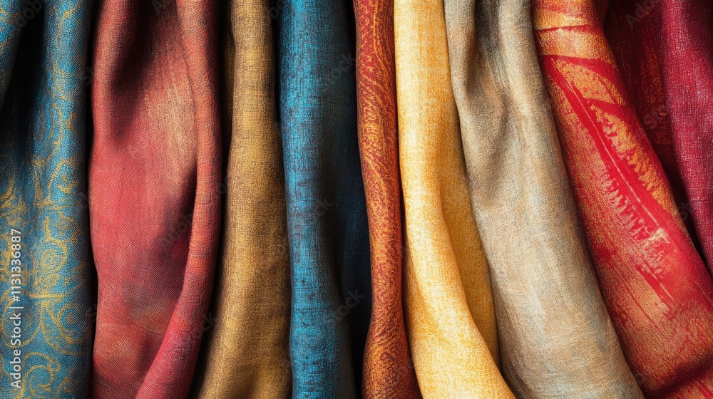 Poster colorful fabric drapes showcasing rich textures and patterns perfect for design backgrounds or texti