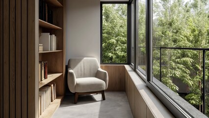 Obraz premium A cozy reading nook with a compact wooden bookshelf and a single comfortable chair bathed in natural light from a large window overlooking lush greenery.