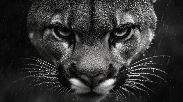 Intense close-up of a puma's face showcasing rain droplets on its fur in a dramatic black and white setting.