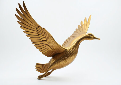 golden goose sculpture soars flight serene white backdrop representing wealth elegance prosperous