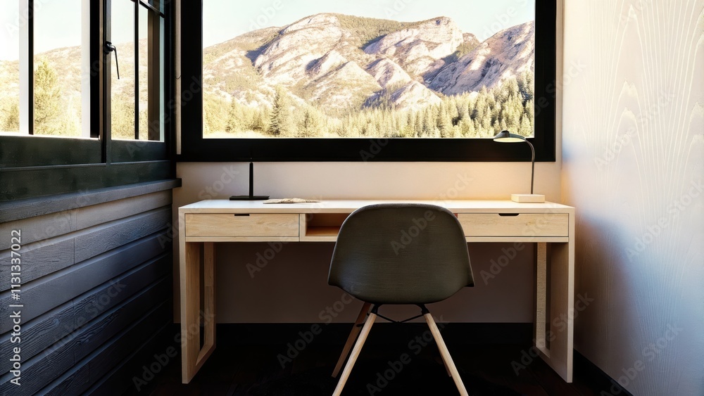 Poster a minimalist workspace with a light wood desk and a comfortable chair positioned near a window. the 