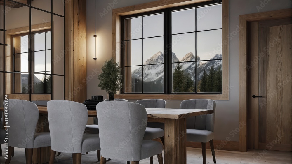 Poster a tranquil dining room featuring a rustic wooden table surrounded by upholstered chairs in soft gray