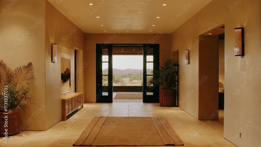 Poster A spacious entryway with muted hues and natural textures leading into the rest of the home. An oversized window offers a breathtaking view of distant mountains inviting the