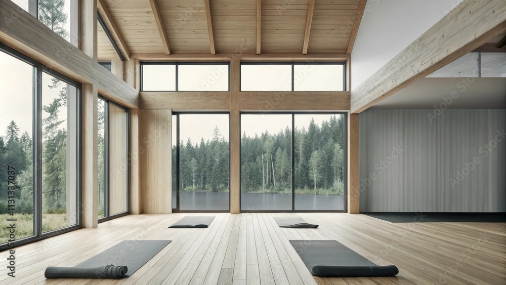 Poster An openfloor plan yoga studio with smooth bamboo flooring where floortoceiling glass walls foster a connection to nature. A few yoga mats are neatly rolled out inviting tranquility