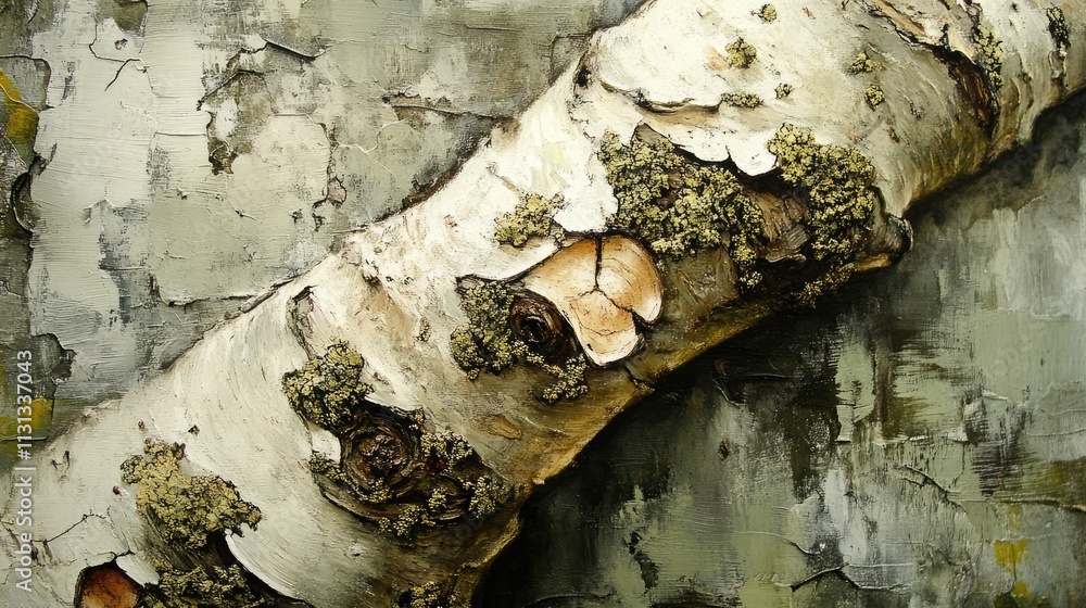 Aufkleber Detailed closeup of tree bark showcasing a split surface texture with moss highlights against an abstract muted background.