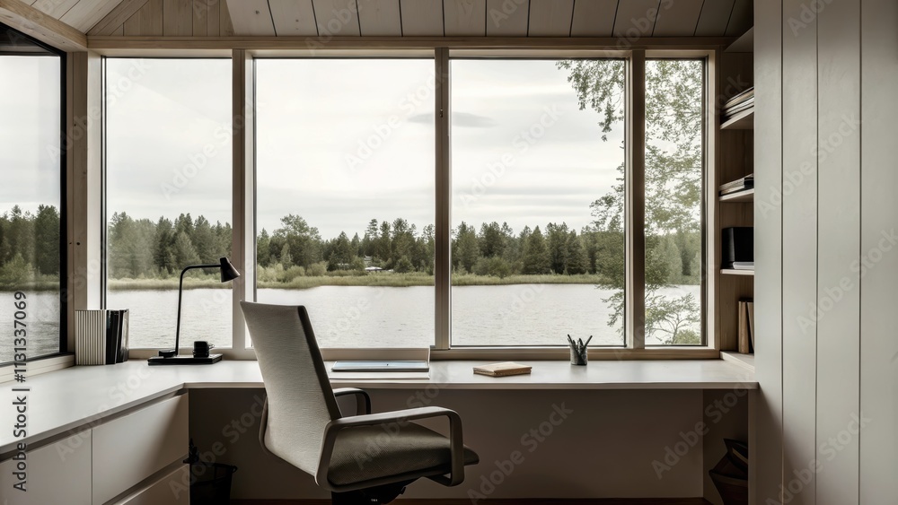 Poster a tranquil home office space with a sleek desk facing a wall of glass. a comfortable ergonomic chair