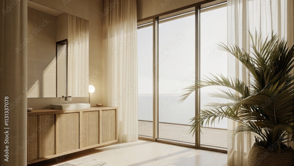 Poster A tranquil bathroom with a rattan vanity and natural fiber accents complete with a potted palm and large windows allowing the gentle breeze to flow in.