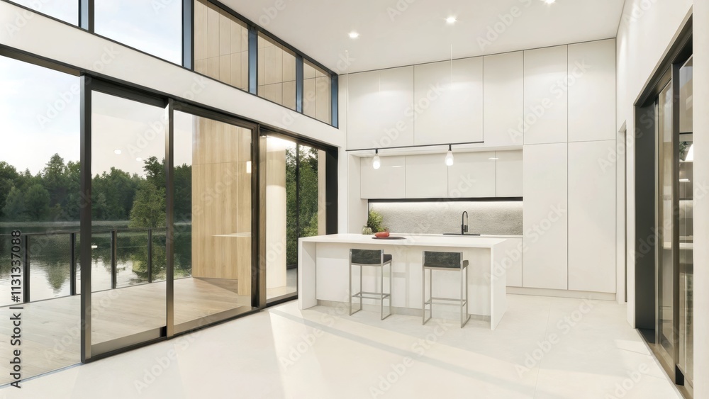 Fototapete a minimalist kitchen with clean lines and highgloss cabinetry where large glass windows allow natura