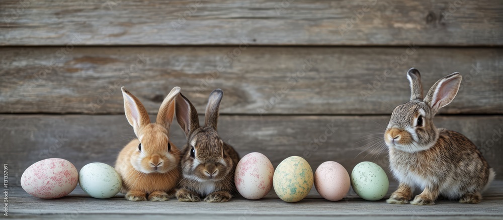 Aufkleber easter rabbits arrangement with colorful eggs on rustic wooden background for festive spring celebra