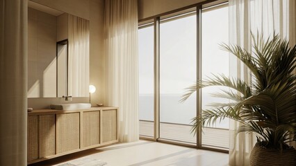 Fototapeta premium A tranquil bathroom with a rattan vanity and natural fiber accents complete with a potted palm and large windows allowing the gentle breeze to flow in.