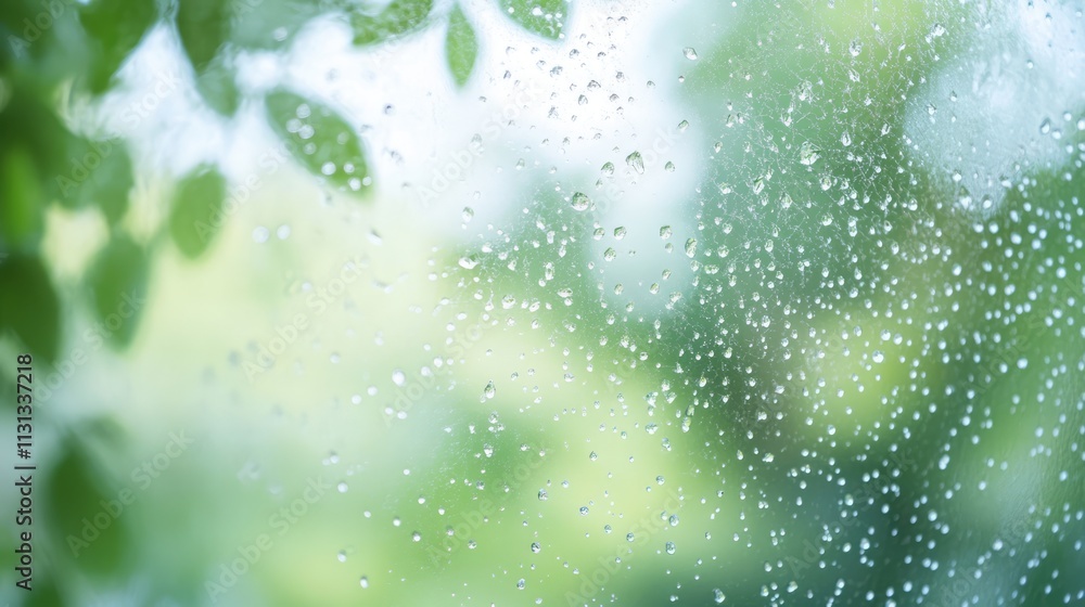 Aufkleber Window mesh with raindrops and blurred green vegetation background creating a serene and natural atmosphere in a close-up view.