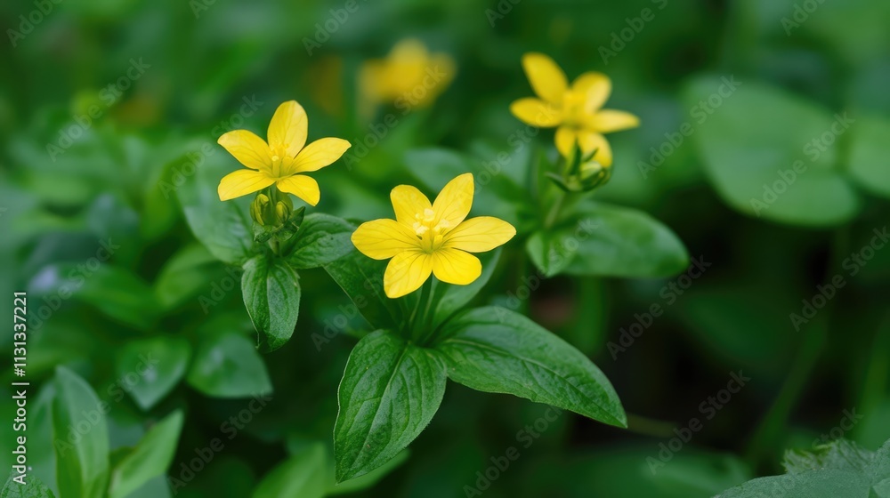 Poster Yellow wildflower cluster with green foliage in a natural setting creating a vibrant background for nature-themed designs and projects