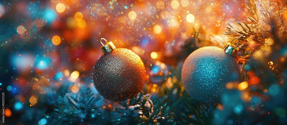 Poster close up of sparkling christmas ornaments on a festive background with blurred lights and colorful b