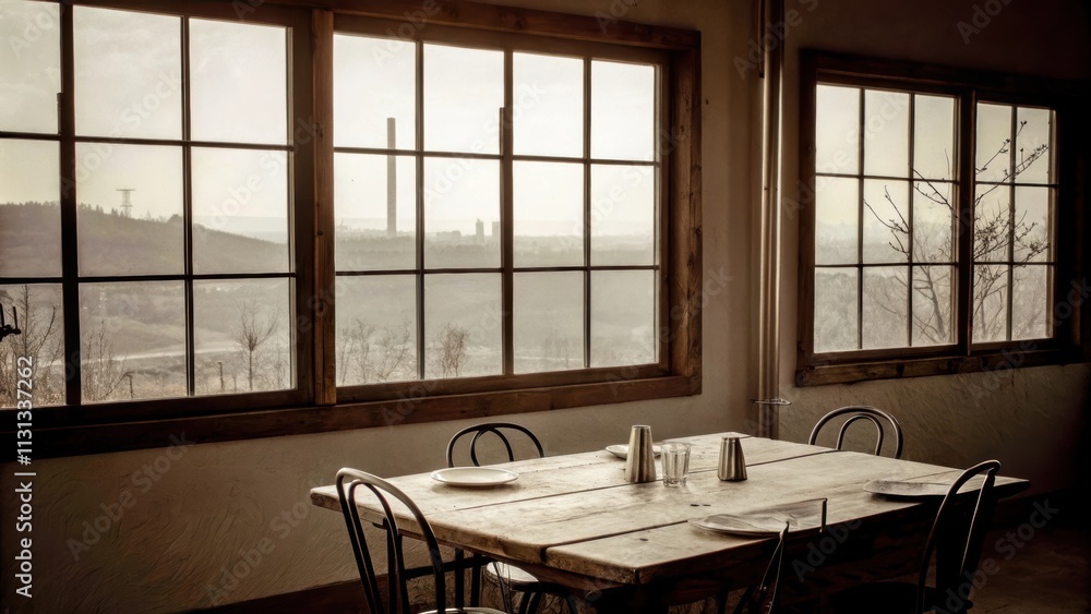Poster a rustic dining room featuring a reclaimed wood table surrounded by metal chairs with large windows 