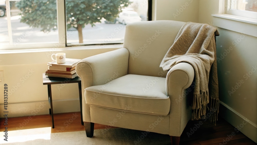 Aufkleber A quiet reading nook featuring a light tan armchair with a soft throw blanket draped over one arm. A small side table holds a steaming mug and a stack of books while a