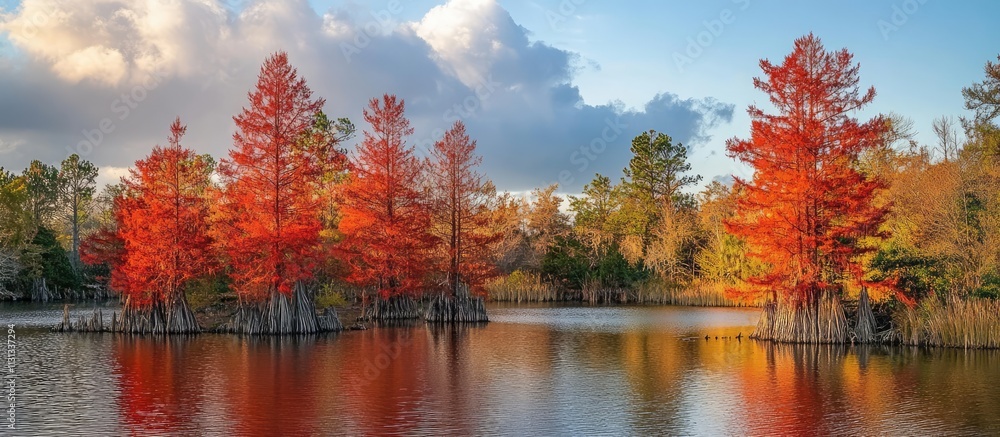 Poster vibrant autumn foliage of bald cypress trees reflecting on tranquil garden lake under a cloudy sky i