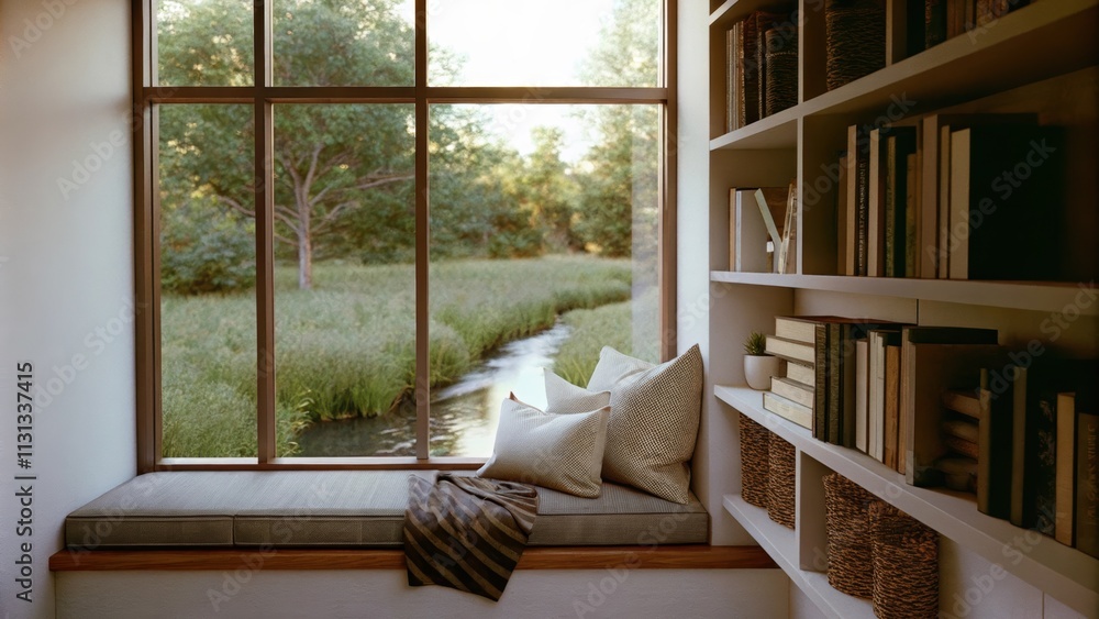 Poster a cozy reading nook positioned near a large window offering a warm inviting space filled with shelve