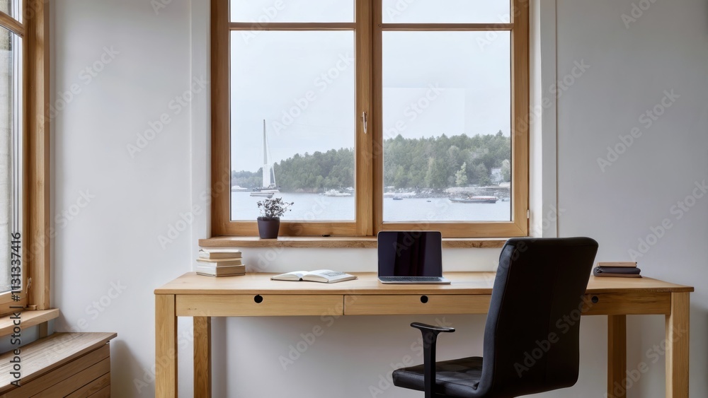 Poster An inviting home office with a simple wooden desk and ergonomic chair faces a large window overlooking the tranquil harbor creating an inspirational workspace filled with natural