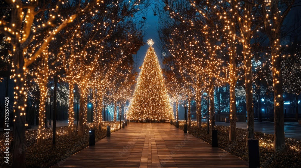 Poster Festive illuminated Christmas tree amidst sparkling lights creating a magical holiday atmosphere in an enchanting outdoor setting at night