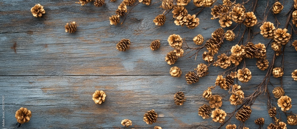 Poster festive flat lay with fir tree branches and golden pine cones on a rustic wooden background for holi