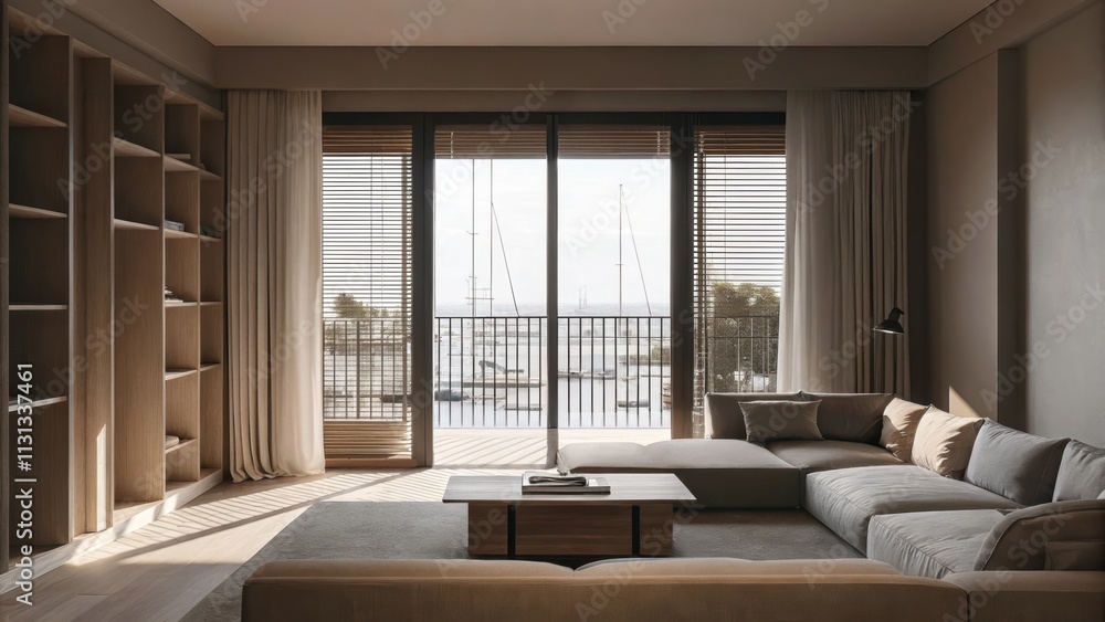 Aufkleber An openconcept family room features a lowprofile sectional couch in muted tones arranged around a minimalist coffee table with large sliding doors that lead to a terrace