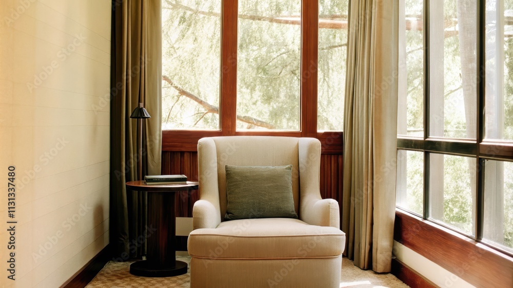 Poster The cozy reading nook is tucked in a corner with a plush armchair and a small side table all set against a backdrop of tall windows revealing the gentle sway of treetops enhancing