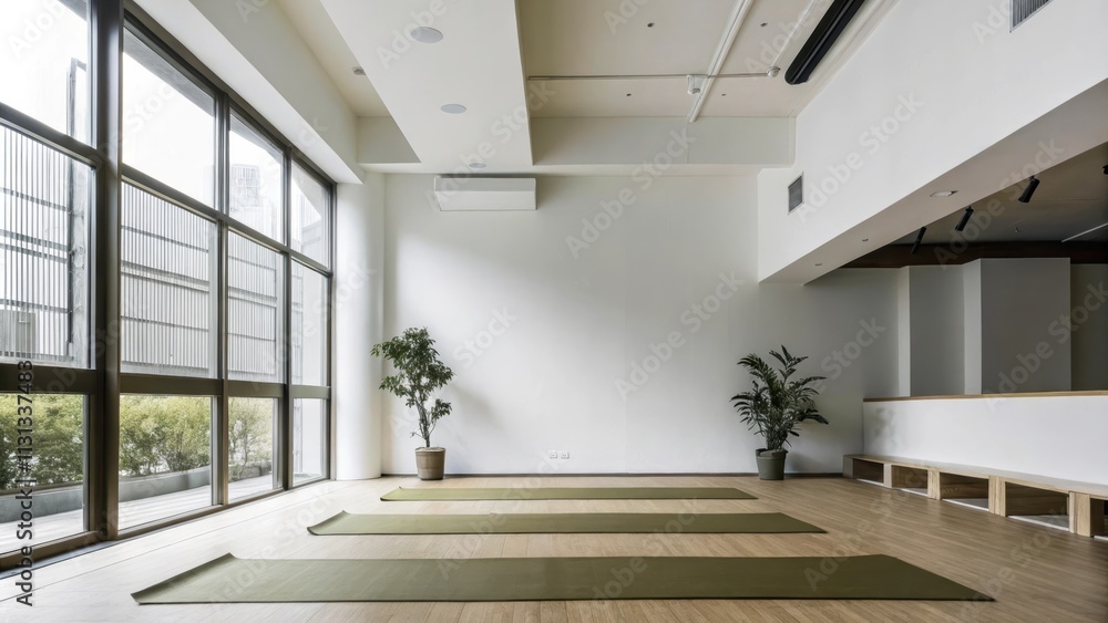 Poster A spacious yoga studio with crisp white walls and a light wood floor offering an uncluttered environment enriched by soft diffused lighting that fosters relaxation.