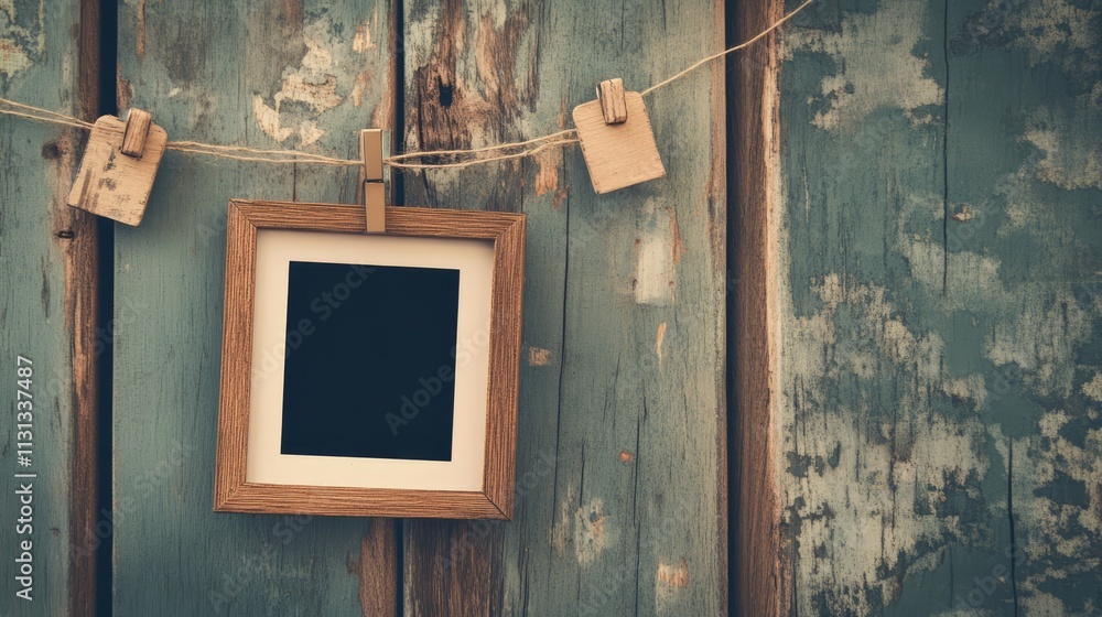 Poster Vintage photo frame hanging with clothespins on weathered wooden background creating a nostalgic and rustic atmosphere