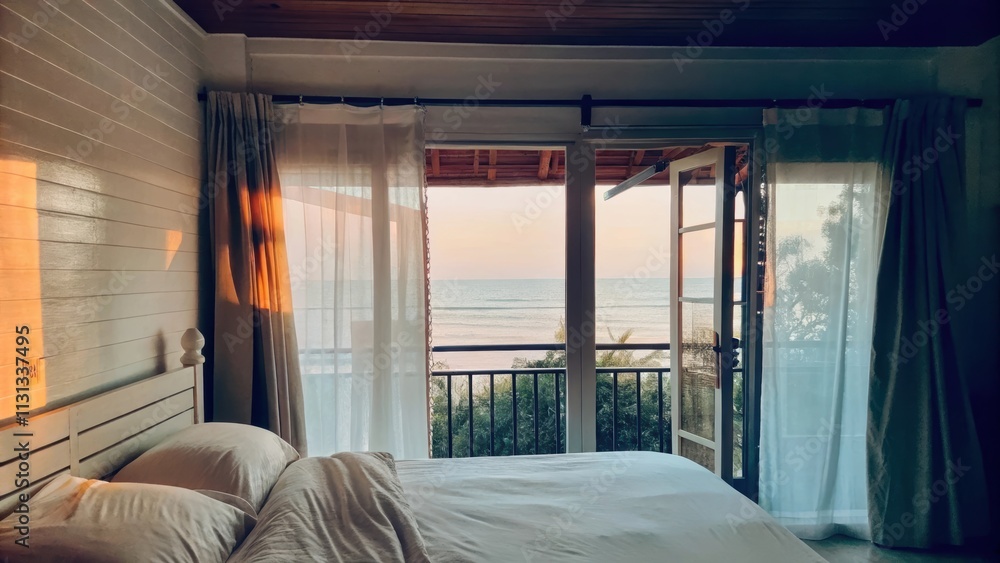 Poster The cozy bedroom boasts crisp white linens and a driftwood headboard while curtains flutter at the open window framing a breathtaking sight of rolling waves beyond a serene private