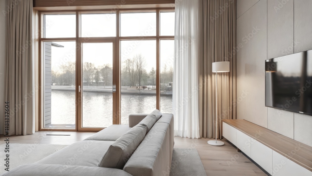 Poster a minimalist living room decorated in shades of soft gray and ivory featuring a lowprofile sofa and 
