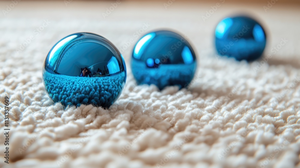 Poster blue glass christmas ornaments resting on a soft carpet creating an elegant holiday decor scene with