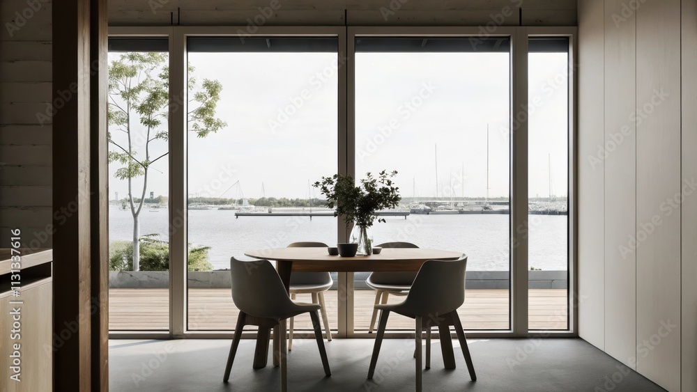 Poster an airy dining area showcases a simple wooden table surrounded by minimalist chairs decorated with a