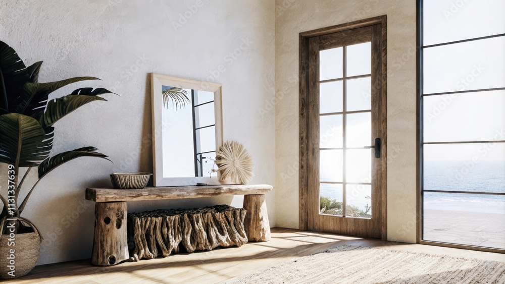 Poster The sunlit entryway includes a rustic console table made of driftwood adorned with seashells and artwork and a large mirror reflecting the bright open space while showcasing a