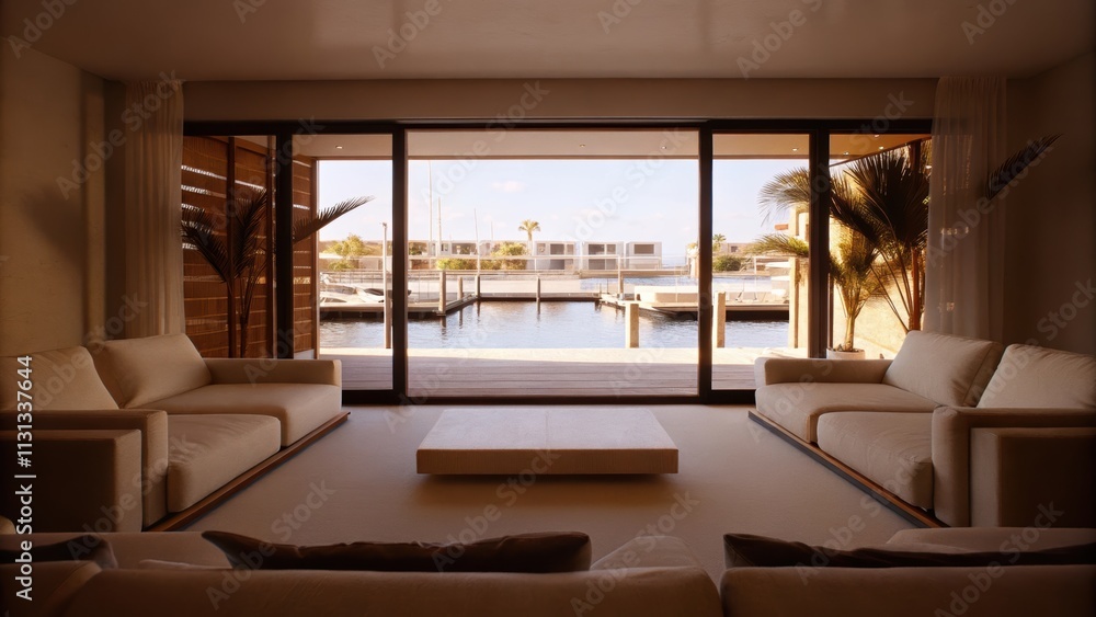 Poster an elegant lounge area with lowslung sofas and a minimalist coffee table where large sliding glass d