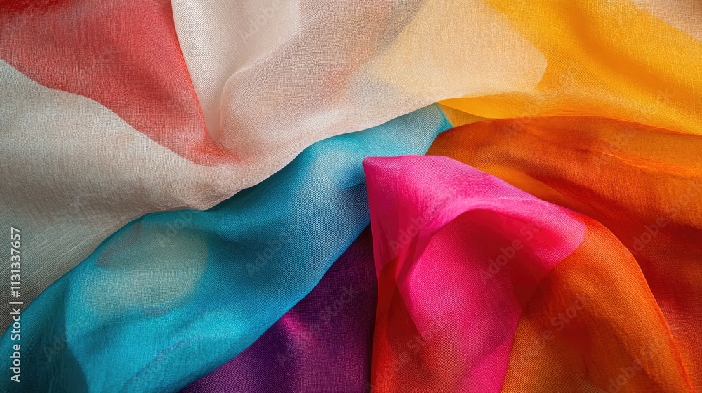 Poster Colorful folded sheer fabric with vibrant blocks showcasing texture and design ideal for fashion and textile backgrounds.
