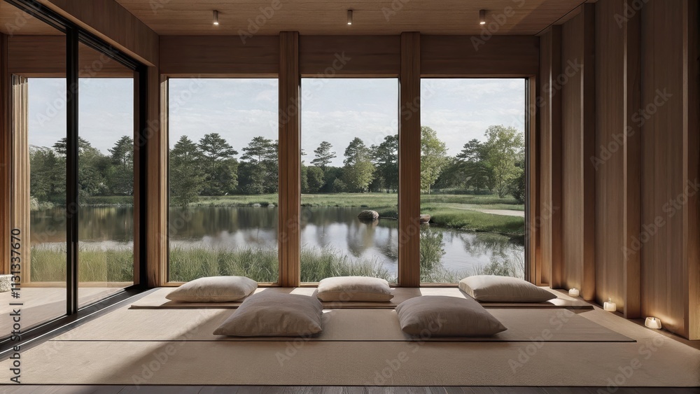 Poster A peaceful meditation room decorated with soft cushions natural wood elements and expansive windows that offer an unobstructed view of the tranquil pond and its surrounding