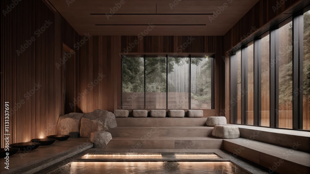 Poster a serene meditation room with soft stone seating is surrounded by glass walls creating an intimate a
