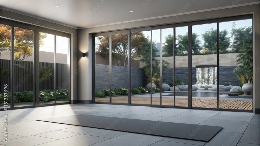 Poster A sunlit fitness area features smooth stone flooring and open space with oversized glass panels that bring in natural light and a view of a tranquil waterfall in a lush garden