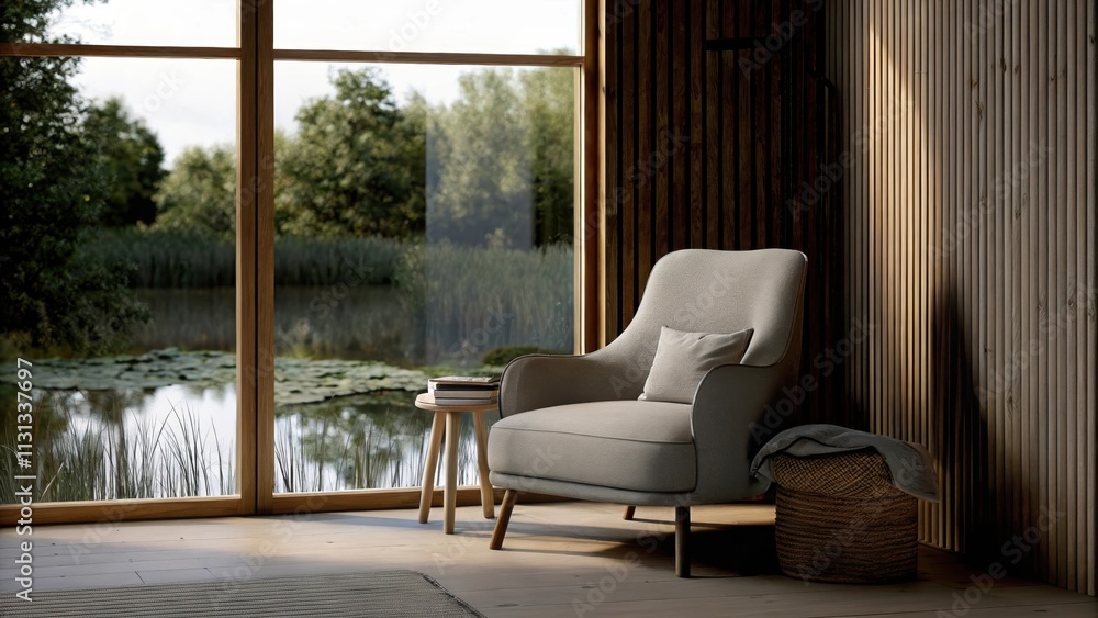 Poster a chic reading nook with a contemporary armchair and small side table bathed in natural light from a