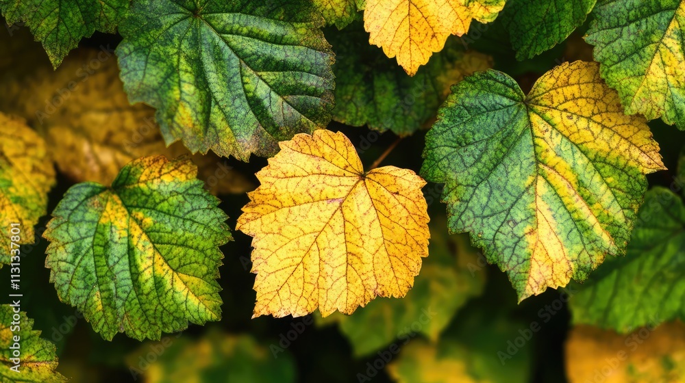 Poster Closeup of vibrant green and yellow patterned leaves creating a natural backdrop in a lush garden setting suitable for backgrounds and designs