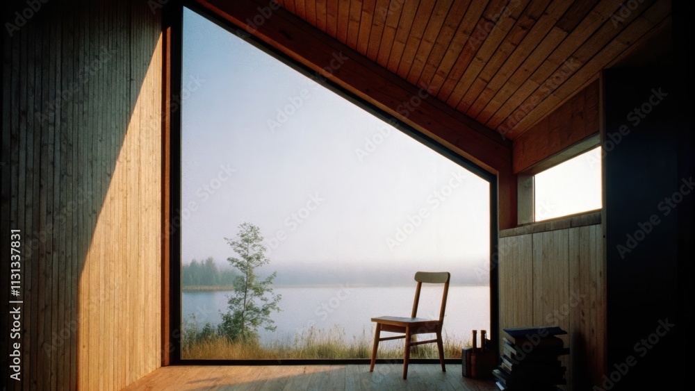 Leinwandbilder a tranquil reading nook with a simple wooden chair a small side table and a large floortoceiling win