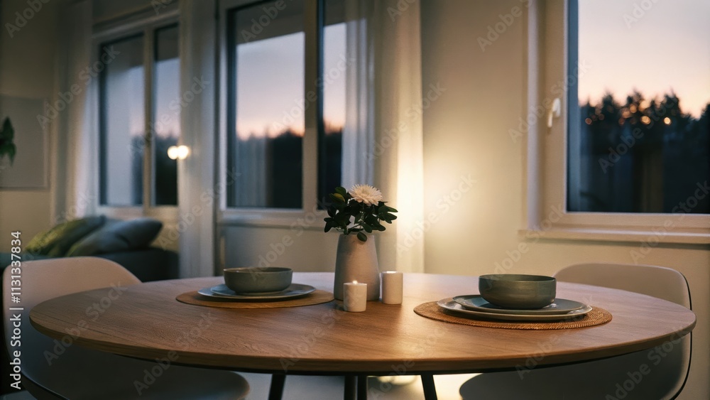 Leinwandbilder a minimalist dining area featuring a round wooden table set for two enhanced by the warm glow of the