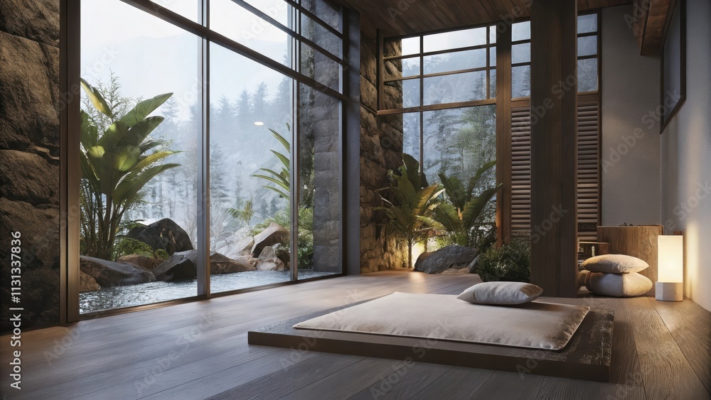 Aufkleber A small meditation space with a soft mat on a wooden floor surrounded by plants and large windows that allow the sound and sight of the babbling stream to enhance the atmosphere of