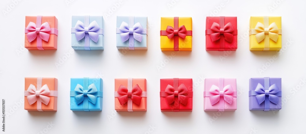 Poster colorful gift boxes with bows neatly arranged in rows on a clean white background perfect for celebr
