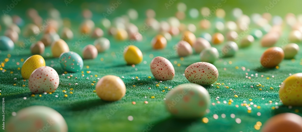 Aufkleber vibrant easter eggs scattered on a lush green surface creating a festive spring atmosphere for seaso