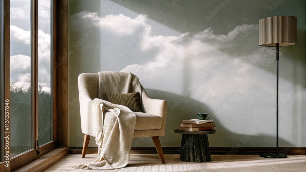 Poster A tranquil reading nook with a cozy armchair and a small side table bathed in natural light. Above cottonlike clouds slowly move their shapes mirrored in the simplicity of the