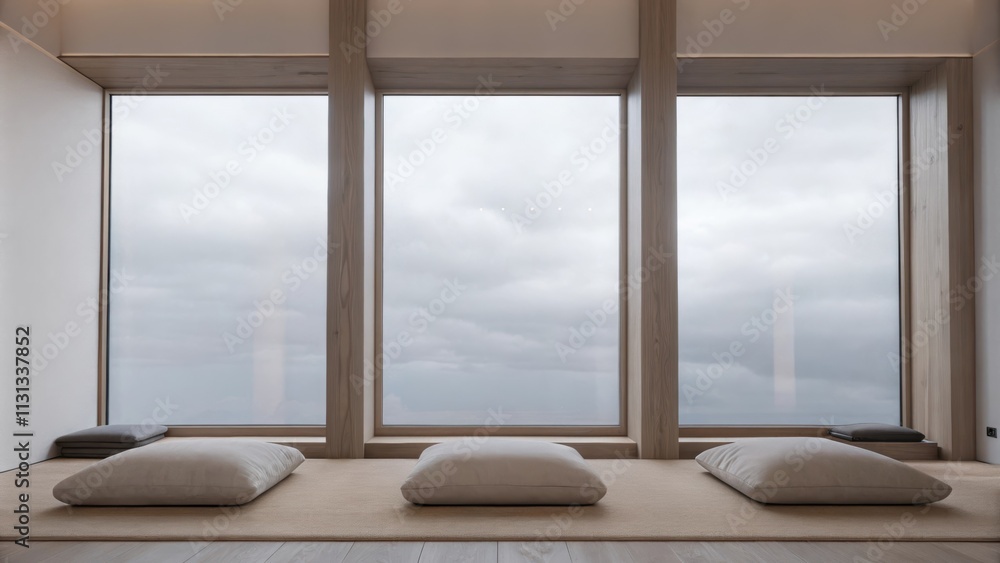 Aufkleber A meditation room with soft cushions on the floor minimalist decor and large windows. Outside a canvas of serene clouds creates a peaceful atmosphere filled with light.