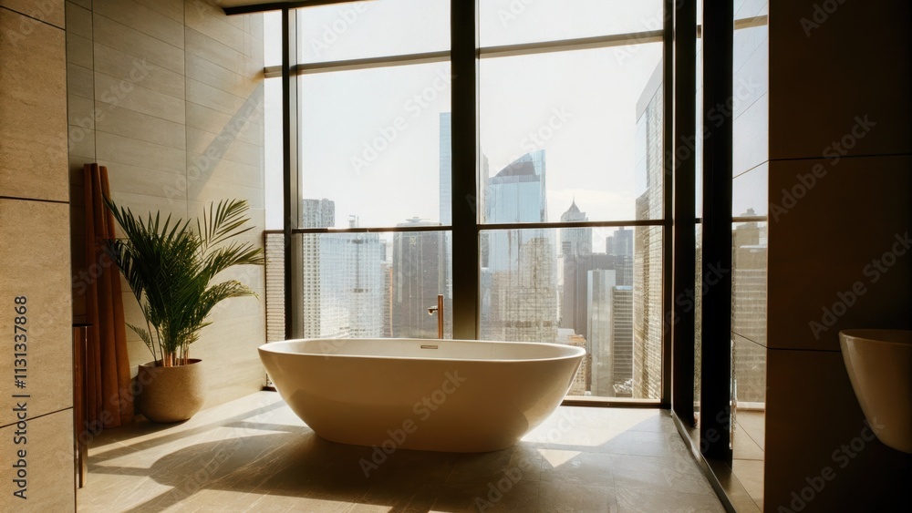 Poster a chic bathroom with clean lines and a freestanding tub positioned in front of a large window that o